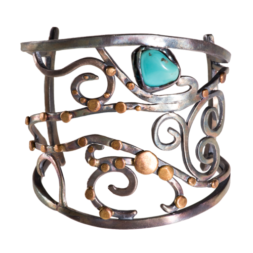 Tara Hutch Black Silver Cuff with Turquoise Nugget and 24K Gold
