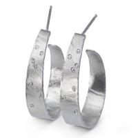 wafer texture spiral hoop in sterling silver with diamonds