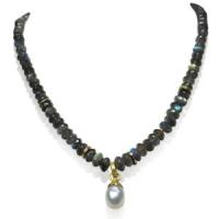 beaded labradorite necklace, white diamonds with 18ky gold disc beads, 20″
