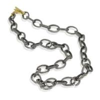 large pave link necklace, oxidized sterling silver with pave set diamonds, 18ky gold branch toggle clasp