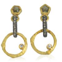 large 18k gold branch circle and pave link earrings with hexagonal raw diamonds