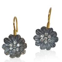 oxidized sterling silver flower and white diamond earrings