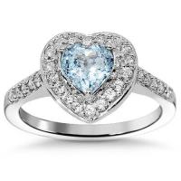 Avianne & Co. 14K White Solid Gold Womens Diamond Aquamarine Heart Ring 0.89 Ctw