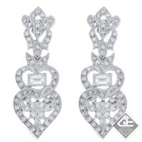 14k White Gold Ladies Diamond Heart Design Dangling Earrings