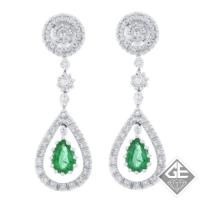 14k White Gold Pear Shape Emerald Teardrop Dangling Earrings