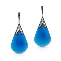 Blue Agate Teardrops Earrings in a 1.11ct Black & White Diamond Pave 14k White Gold
