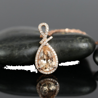 ready to ship 14kt rose gold pear 11x7mm morganite and diamond halo pendant necklace