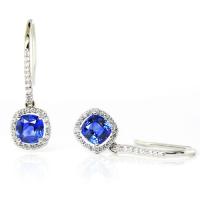 Blue Cushion Cut Sapphire and Diamond Dangle Earrings