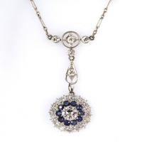 1920's diamond & sapphire halo necklace in platinum