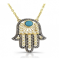 14K YELLOW GOLD HAMSA WITH BROWN DIAMONDS & TURQUOISE NECKLACE