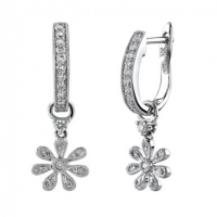 14KT WHITE GOLD DIAMOND PAVE HOOP EARRINGS WITH FLOWER CHARM