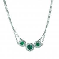18k white gold 3 round emerald and diamond halo drop necklace