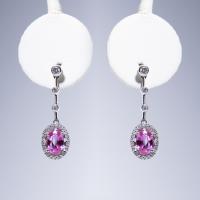 18k white gold oval pear shape pink sapphire in diamond halo hanging earrings