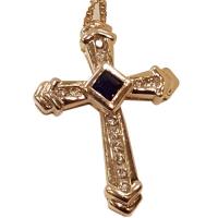 14K Gold Sapphire & Diamond Cross Pendant Necklace