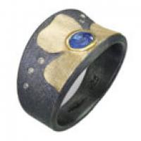 alishan yellow gold and oxidized stainless steel ring with colorless diamonds and blue sapphire