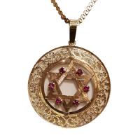 14kt necklace w/star of david hanukkah emerald & ruby pendant