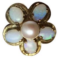 vintage 14k yellow gold opal and pearl flower ring vintage 14k yellow gold opal and pearl flower ring
