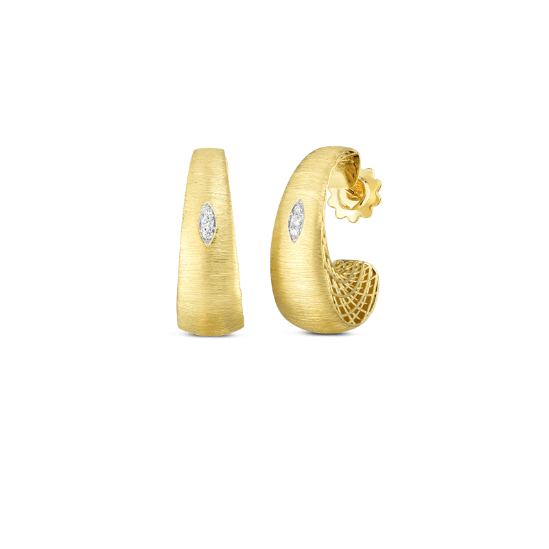 roberto coin 18k golden gate satin long tapered hoop w. diamond accent & open back