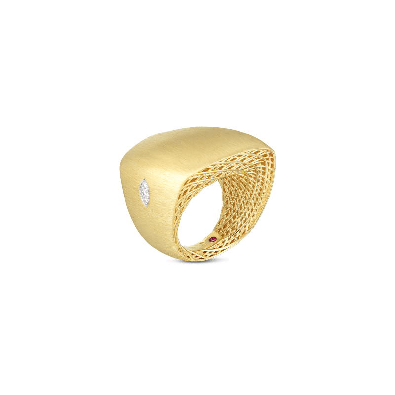 roberto coin 18k yw golden gate satin wide square top ring w. diamond accent