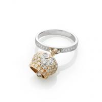 Chantecler Small campanella ring in pink gold and white diamonds, rooster and stem in white gold and diamonds