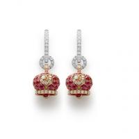 chantecler small campanella earrings in pink gold and rubies, rooster in white gold and diamonds