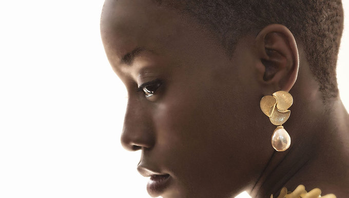 Ayesha Mayadas - Iridescent Pearl Gold Autumn Leaf Earrings