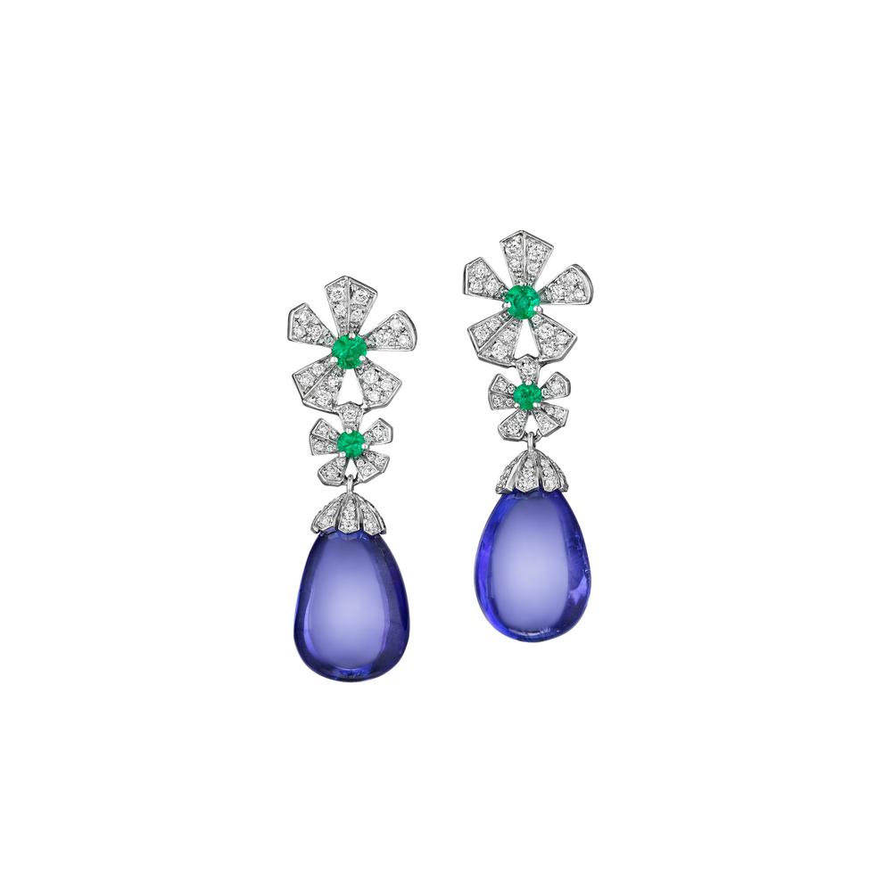 Mimi So  - Wonderland Orchid Drop Earrings with Diamonds Emeralds  Tanzanite