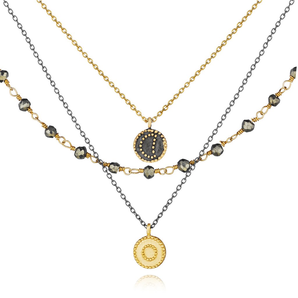 Satya Jewelry - Gunmetal And Gold Pyrite Celestial Triple Strand Necklace  Great Heights