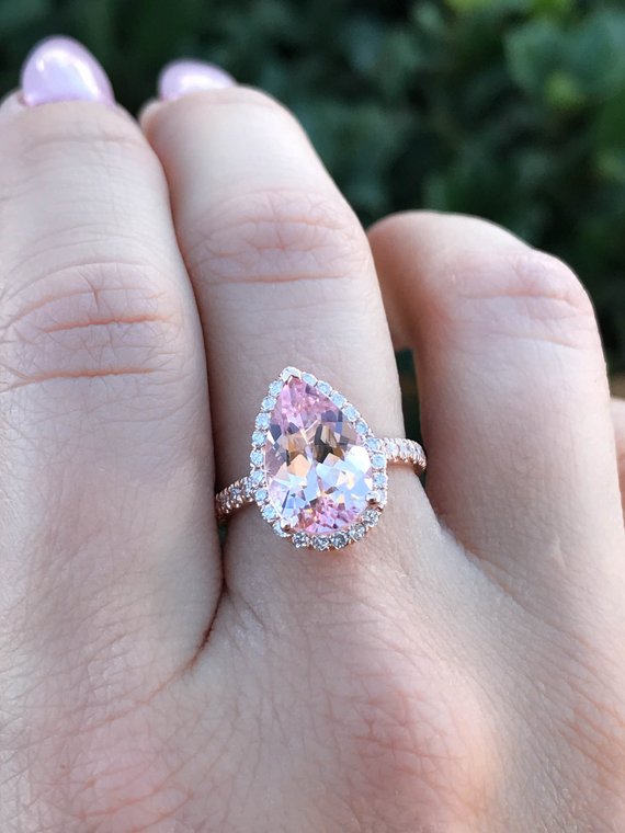 2.37 ct pear shape morganite rose gold ring w/ diamond 1/2 way band 2.37 ct pear shape morganite rose gold ring w/ diamond 1/2 way band