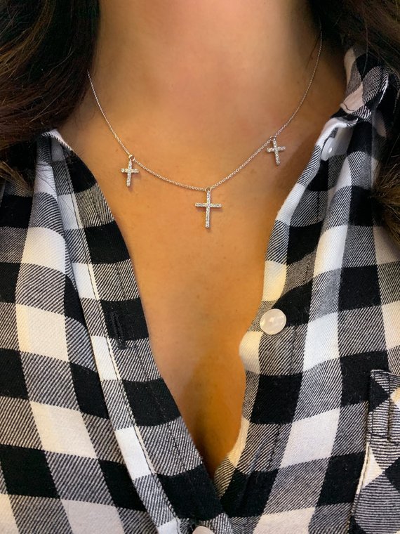 18kt white gold diamond 3-cross pendant necklace | available in rose gold and yellow gold! 18kt white gold diamond 3-cross pendant necklace | available in rose gold and yellow gold!