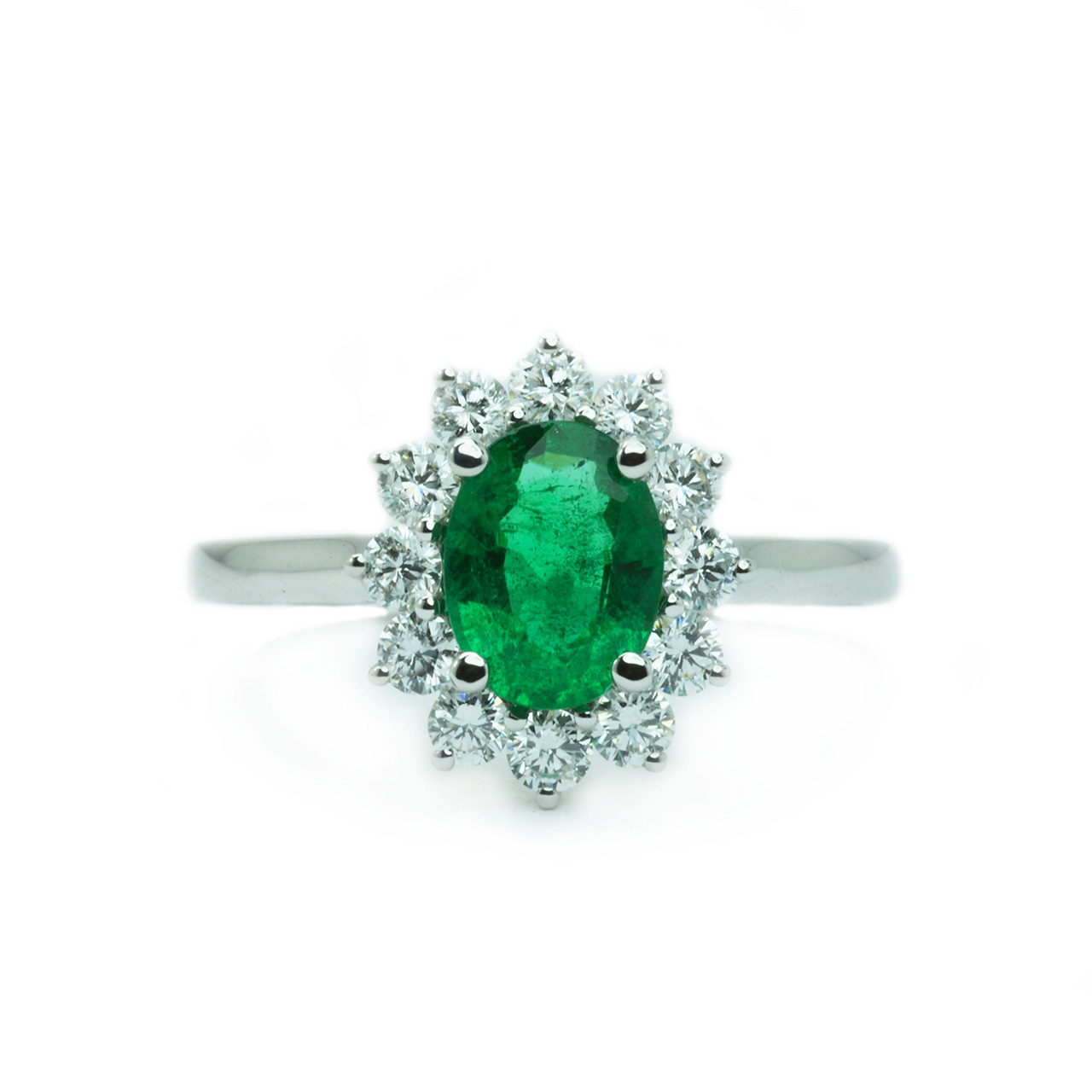 18k White Gold 106ct Oval Emerald and Diamond Halo Ring