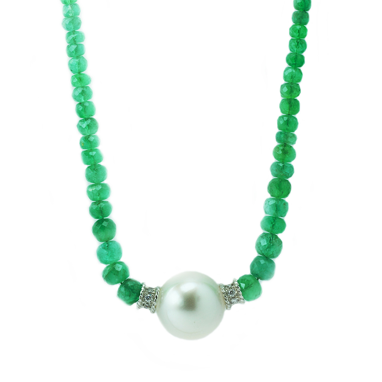 18k White Gold 48ct Rough Emerald Beaded Necklace with 136mm South Sea Pearl