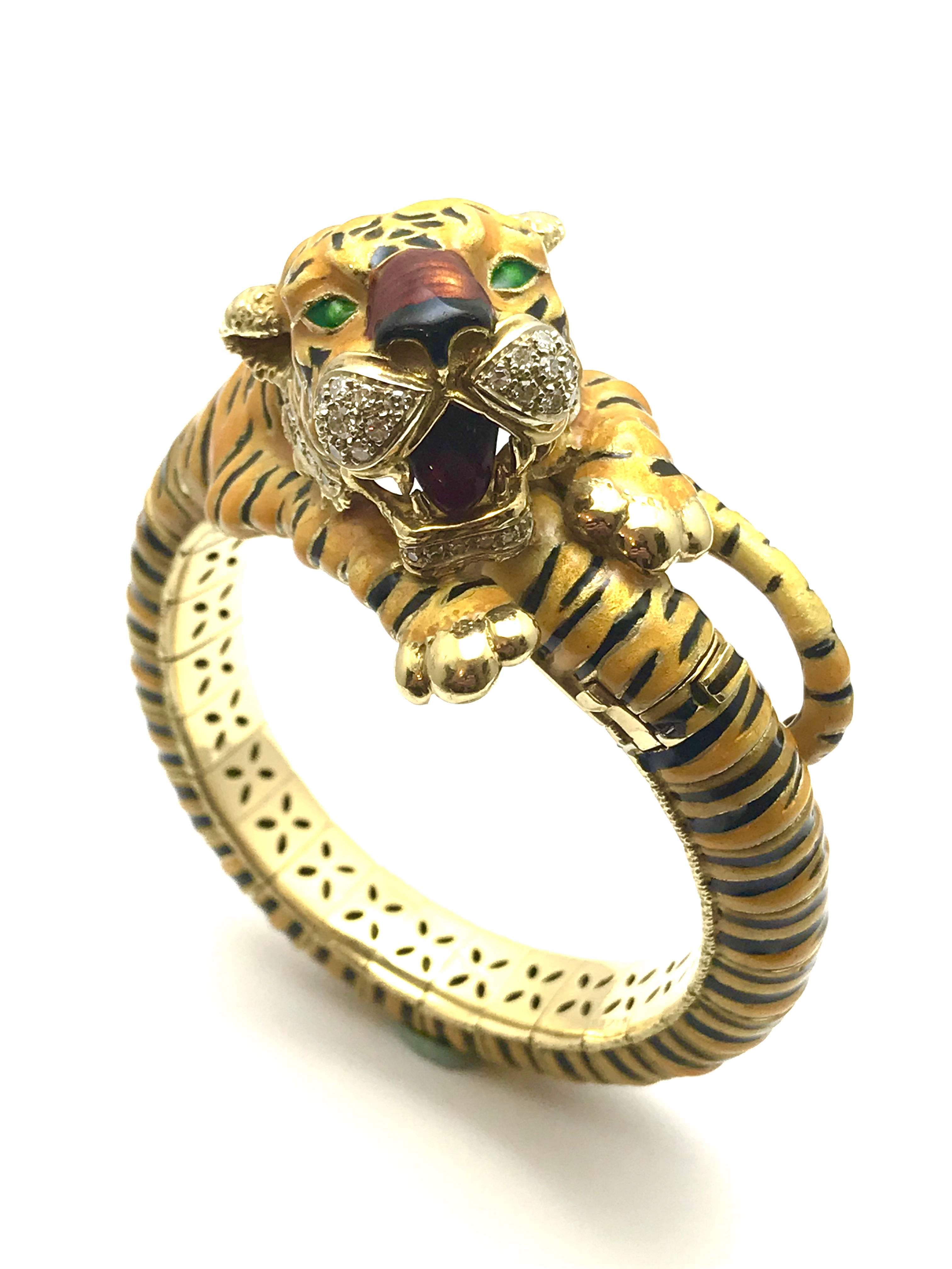 Cartier diamond and enamel yellow gold bangle tiger bracelet