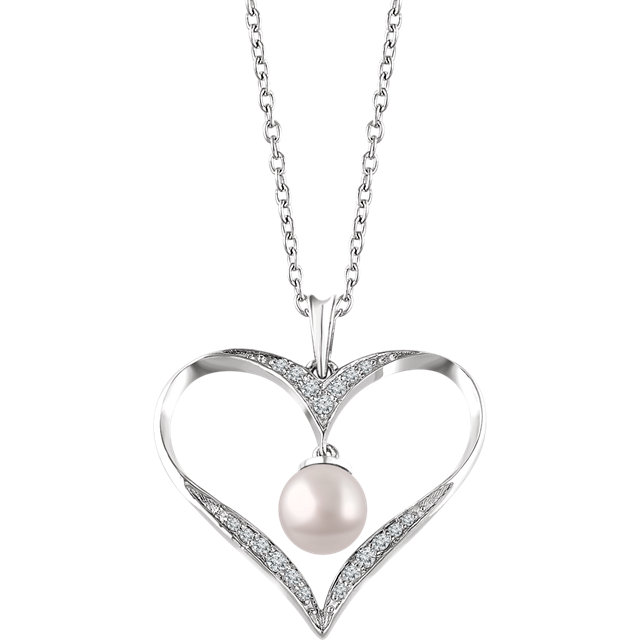 Sterling Silver Freshwater Cultured Pearl  16 CTW Diamond 1618 Heart Necklace