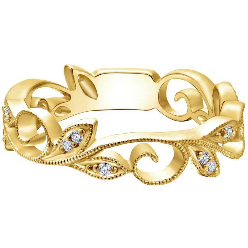 14k Yellow Gold Pave Leaf Scroll Wedding Band  009 ct total diamond weight