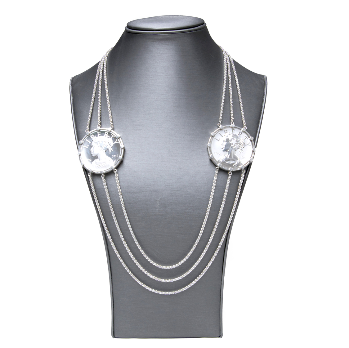 two pure lady liberty coins set in sterling silver frame on multi-strand chain two pure lady liberty coins set in sterling silver frame on multi-strand chain