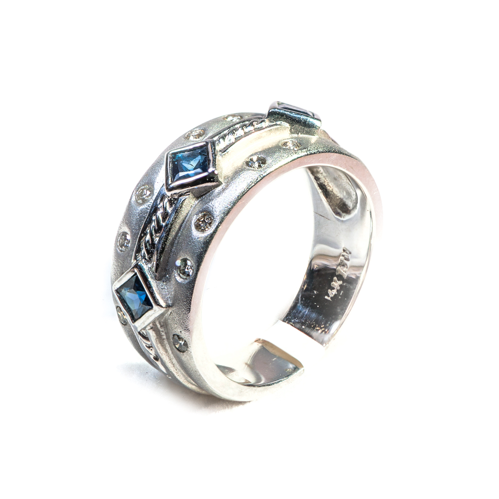 14K white gold princess cut sapphire and burnished  round diamond wedding band