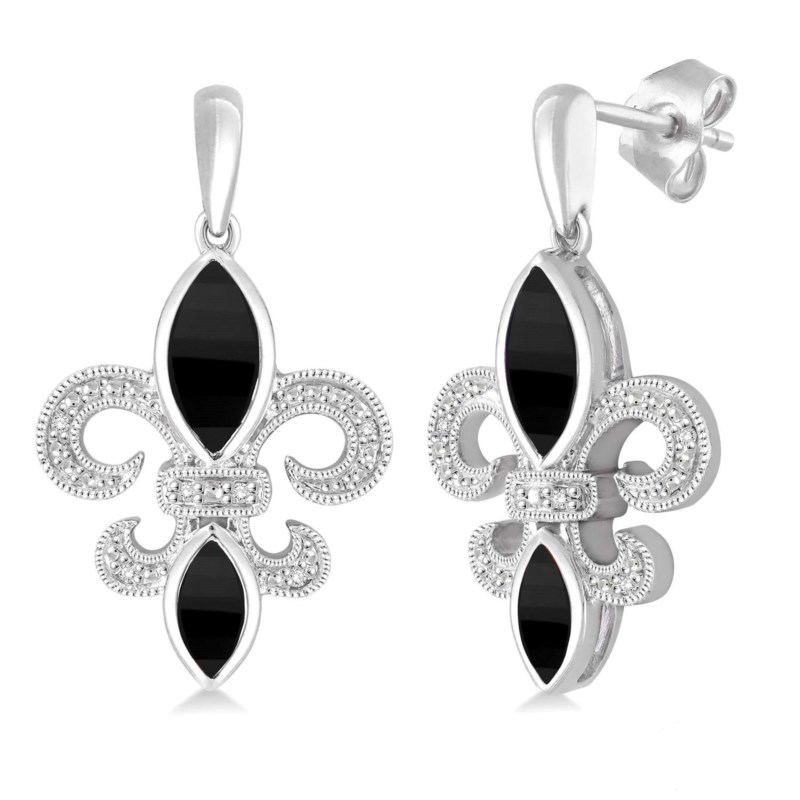 Sterling Silver Onyx  Diamond Dangle Fluer de lis Earrings