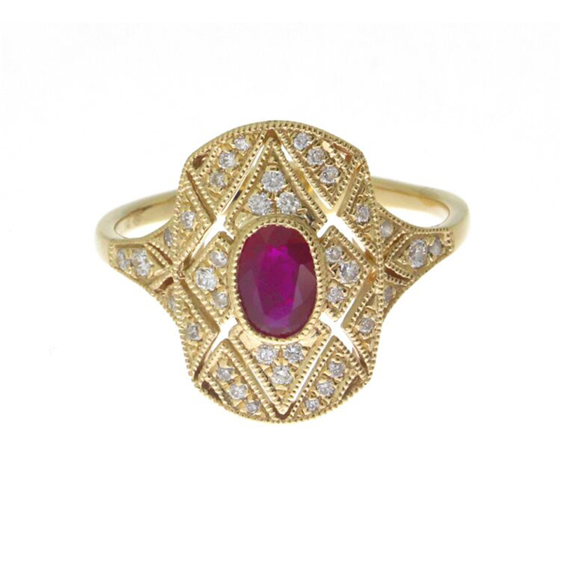 FILIGREE RUBY AND DIAMOND RING