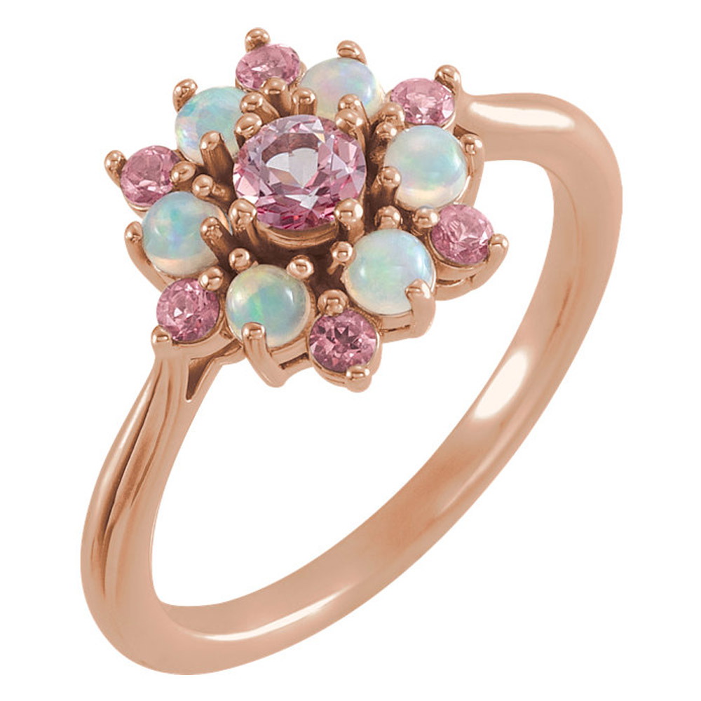 14K Rose Baby Pink Topaz  Ethiopian Opal FloralInspired Ring