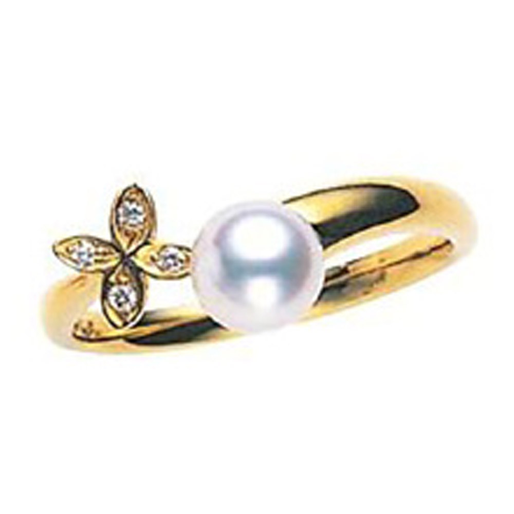Mikimoto Akoya 18K Yellow Gold Cultured Pearl  Diamond Clover Ring