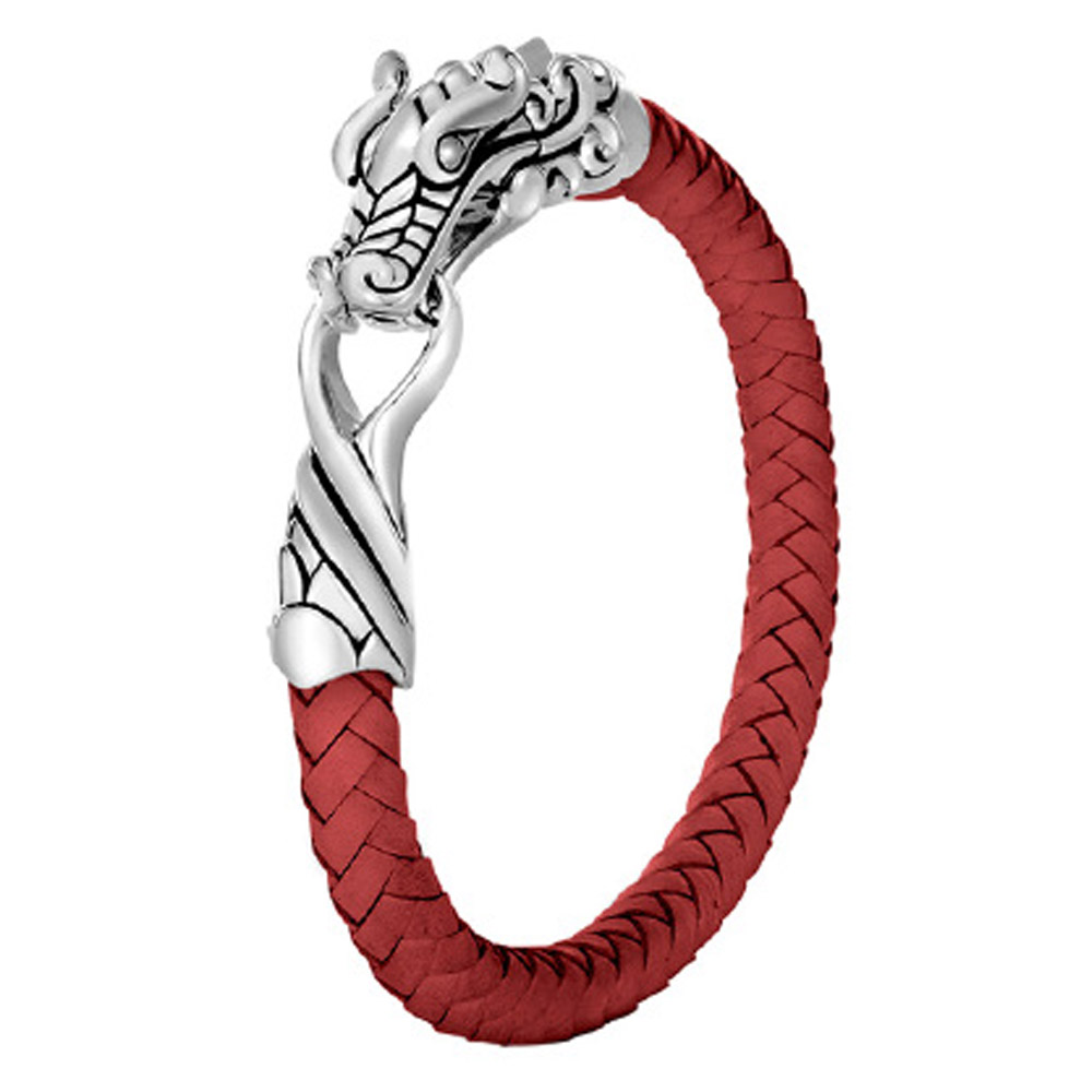 John Hardy Naga Sterling Silver  Red Leather Legends Bracelet