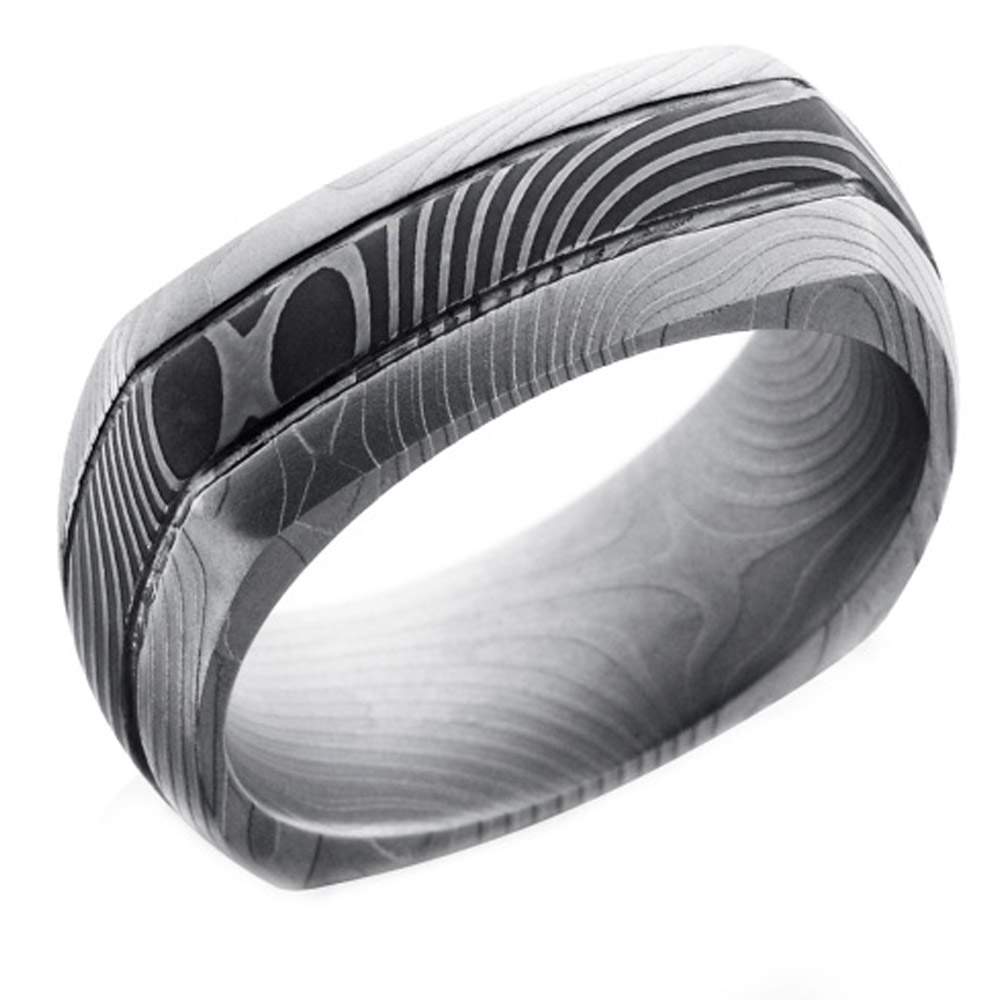 Lashbrook Flat Twist Patterned Damascus Steel 8MM Domed Square Wedding Band