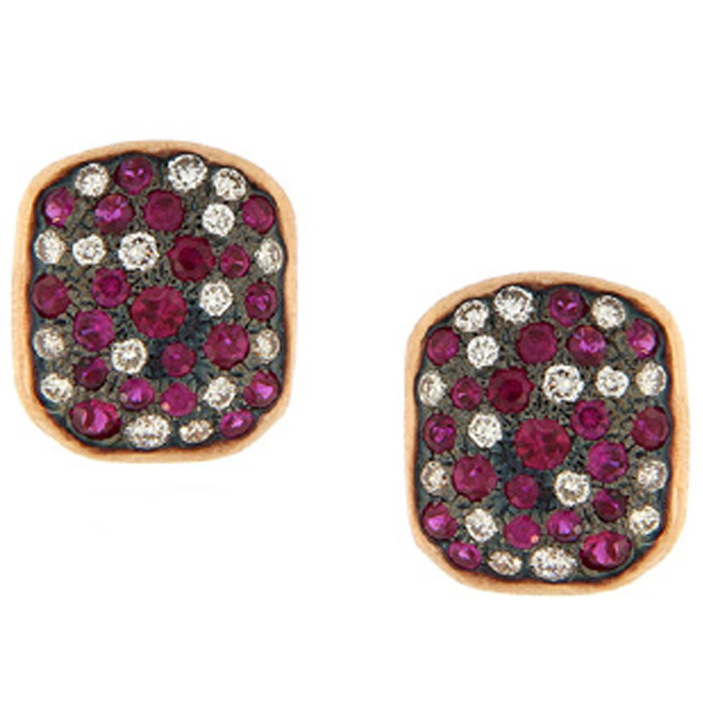 18KT Rose Gold Ruby  Diamond Pixel Square Stud Earrings