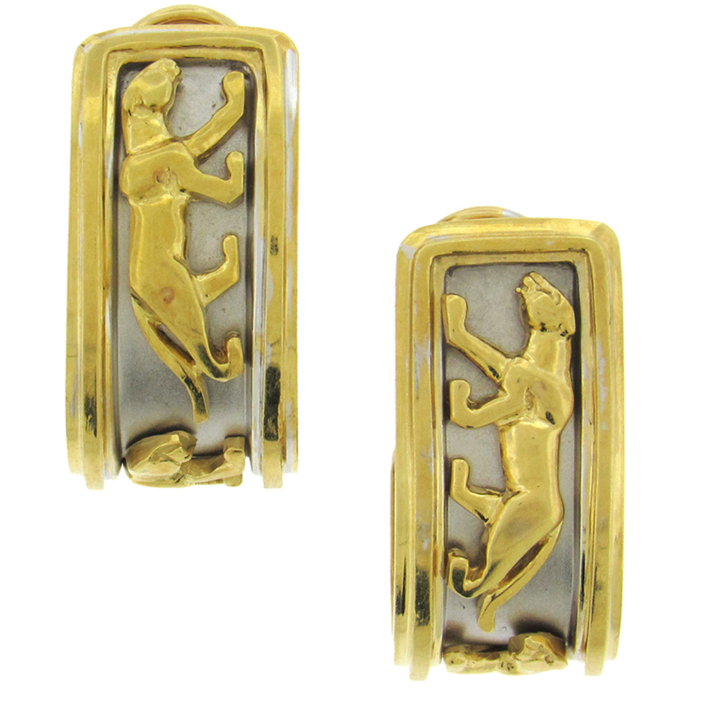 ESTATE 18K GOLD PANTHER HOOP EARRINGS