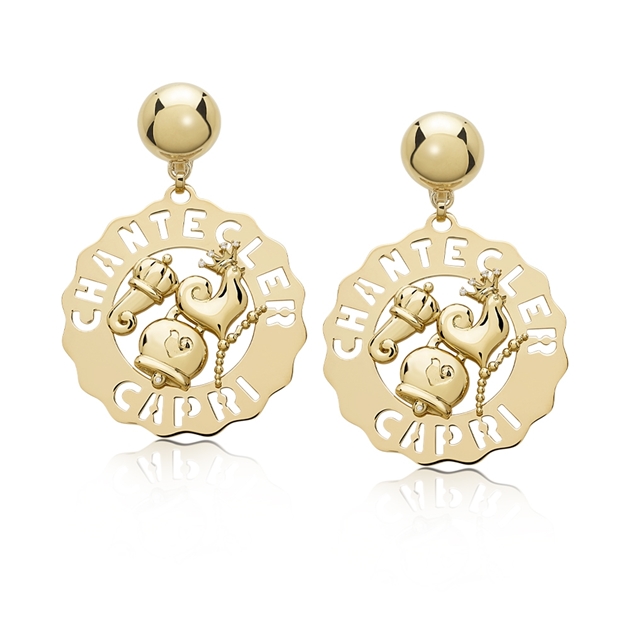 Chantecler Large Logo rooster campanella horn earrings in 18kt yellow gold and diamonds